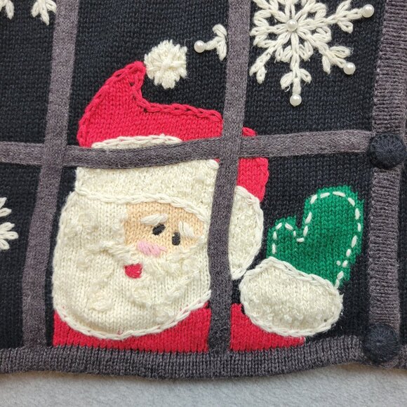 Vintage Mandal Bay Cardgan Womens XL Black Knit Santa Snowman Holiday Sweater - Picture 6 of 16